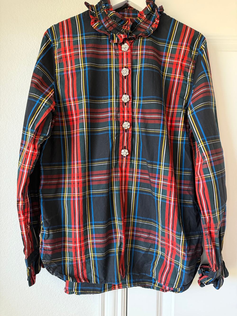 J.Crew Plaid Pop-Over Rhinestone Button Ruffled Shirt Tunic Women’s Size 8